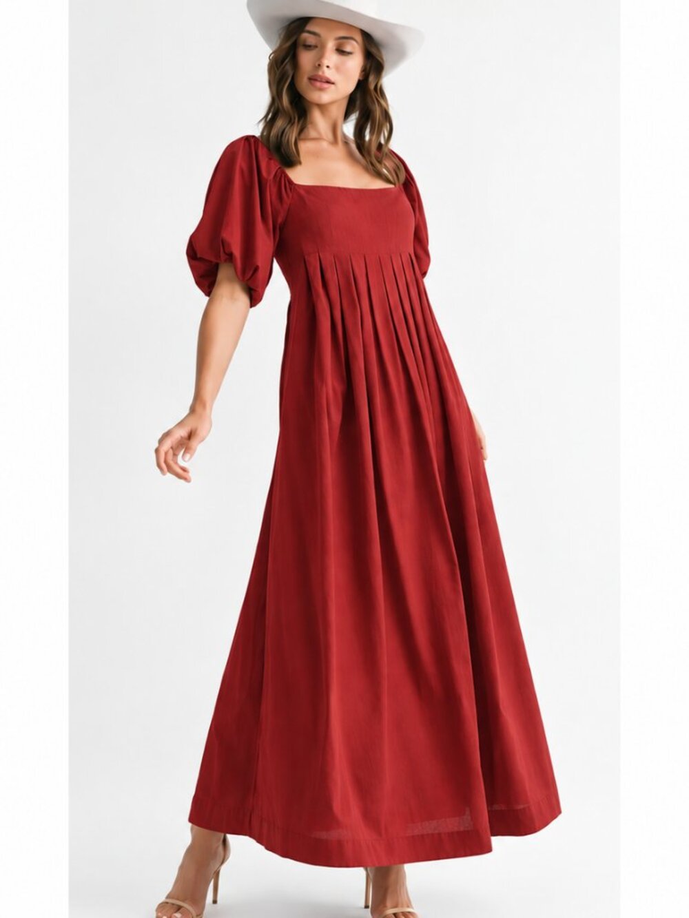 NWT Endless Blu Puff Sleeve Pleated Bodice Square Neck Burgundy Maxi Dress L